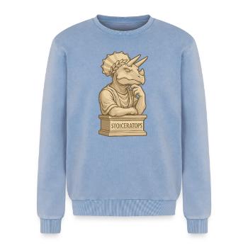 Stoiceratops - Relaxed Unisex Premium Acid Washed Sweatshirt - acid washed blue - Front - AI Model Female 172 dark (172cm) & AI Model Male 178 light (178cm)