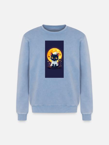 Moonlight Cat in Ghost Cloak - Relaxed Unisex Premium Acid Washed Sweatshirt - acid washed blue