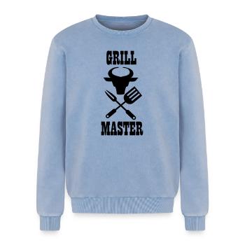 BBQ cutlery bull and text 'Grill master' - Relaxed Unisex Premium Acid Washed Sweatshirt - acid washed blue - Front - AI Model Female 172 dark (172cm) & AI Model Male 178 light (178cm)