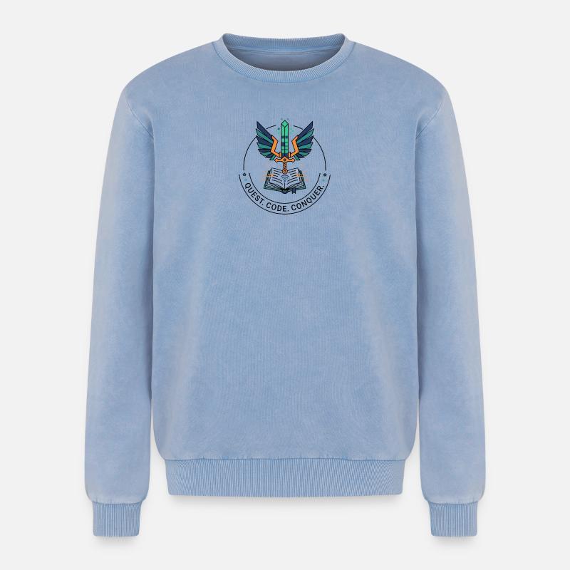 Quest. Code. Conquer Emblem - Relaxed Unisex Premium Acid Washed Sweatshirt - acid washed blue