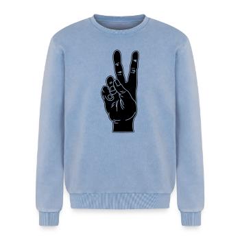 Black hand gesture peace - Relaxed Unisex Premium Acid Washed Sweatshirt - acid washed blue - Front - AI Model Female 172 dark (172cm) & AI Model Male 178 light (178cm)