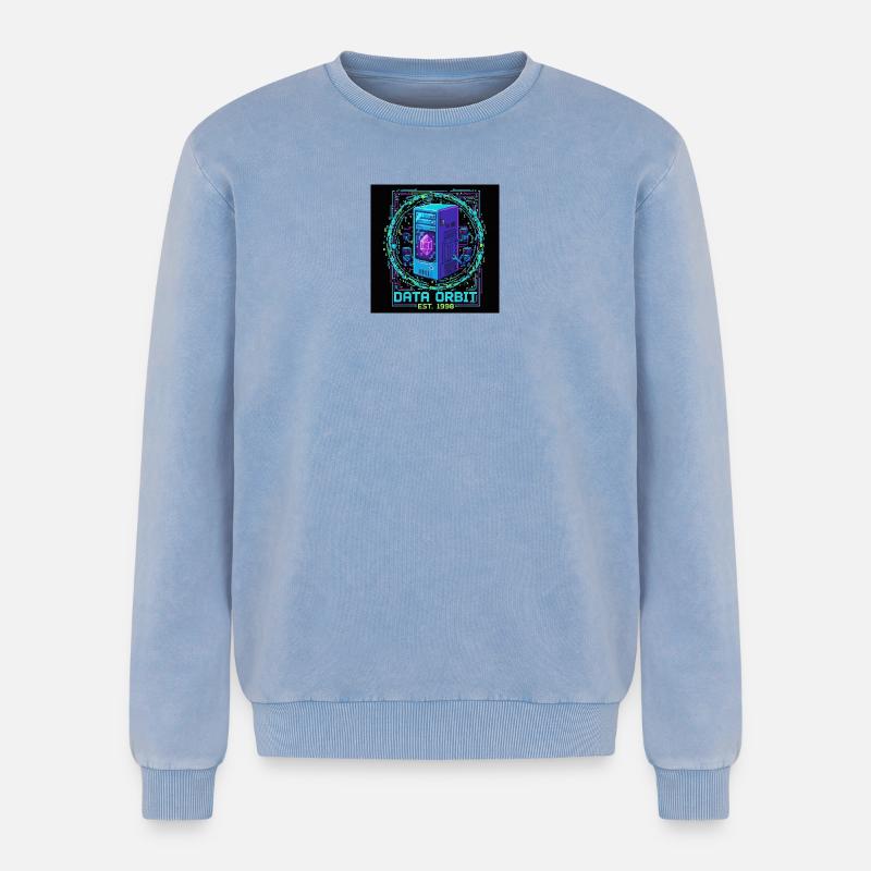 Data Orbit Neon Computer - Relaxed Unisex Premium Acid Washed Sweatshirt - acid washed blue