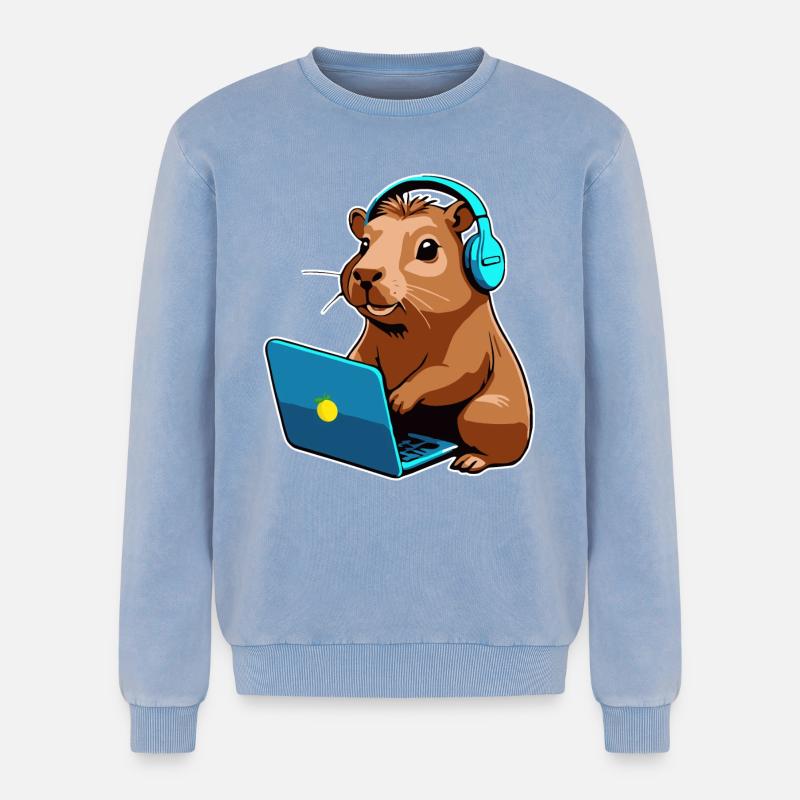 Capybara Programmer Coder Computer - Relaxed Unisex Premium Acid Washed Sweatshirt - acid washed blue