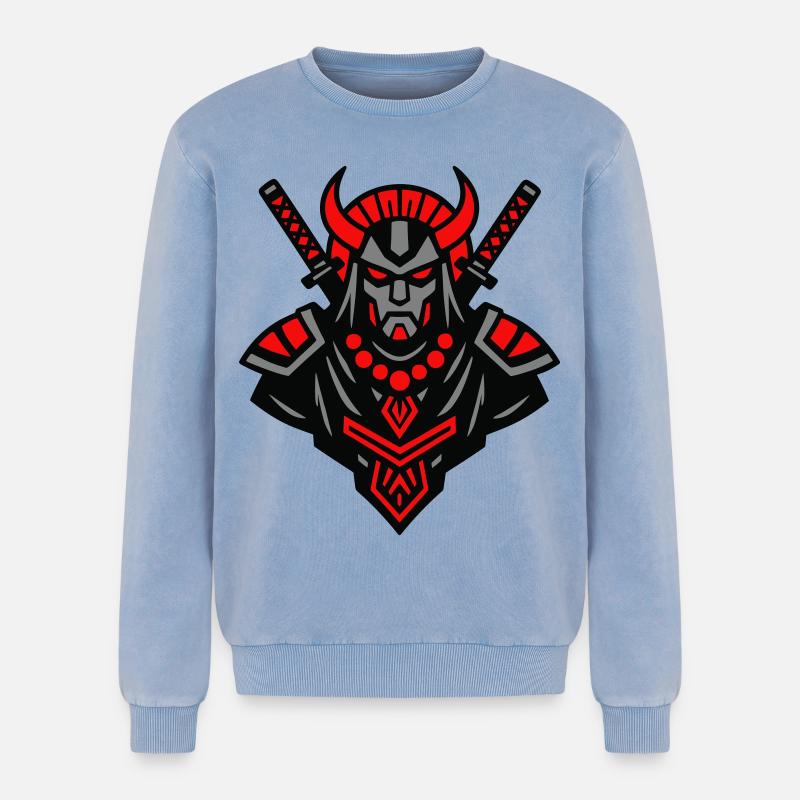 Samurai Devil Warrior - Relaxed Unisex Premium Acid Washed Sweatshirt - acid washed blue