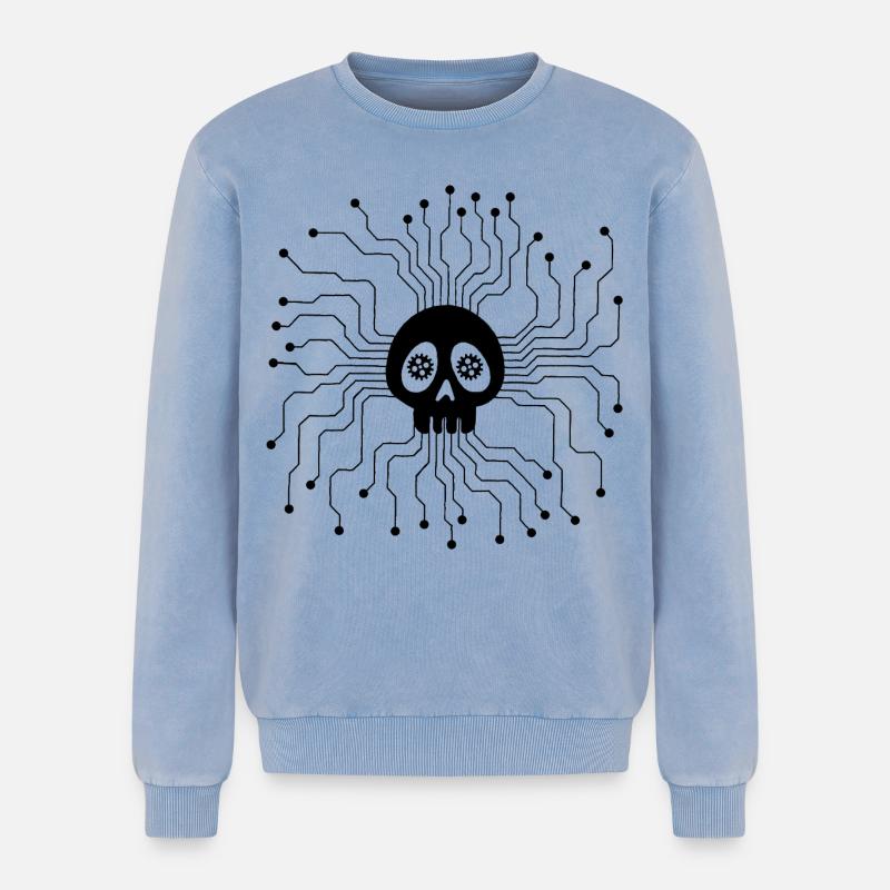 Microprocessor Skull (Black) - Relaxed Unisex Premium Acid Washed Sweatshirt - acid washed blue