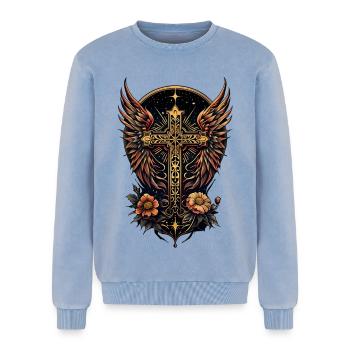 Ein Symbol der Stärke: Das verzierte Kreuz mit Flügeln - Relaxed Unisex Premium Acid-Washed Sweatshirt - Blau Acid Wash - Vorne - AI Model Female 172 dark (172cm) & AI Model Male 178 light (178cm)