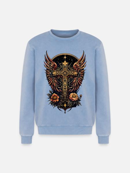 A symbol of strength: The ornate cross with wings - Relaxed Unisex Premium Acid Washed Sweatshirt - acid washed blue