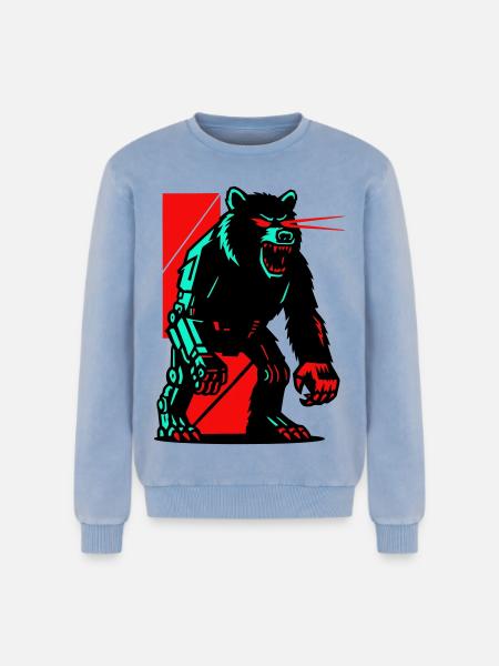 Mecha Techno Bear - Relaxed Unisex Premium Acid Washed Sweatshirt - acid washed blue