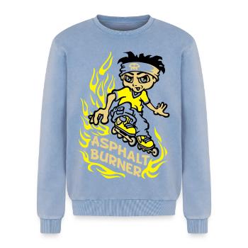 Asphalt burner flex - Relaxed Unisex Premium Acid Washed Sweatshirt - acid washed blue - Front - AI Model Female 172 dark (172cm) & AI Model Male 178 light (178cm)