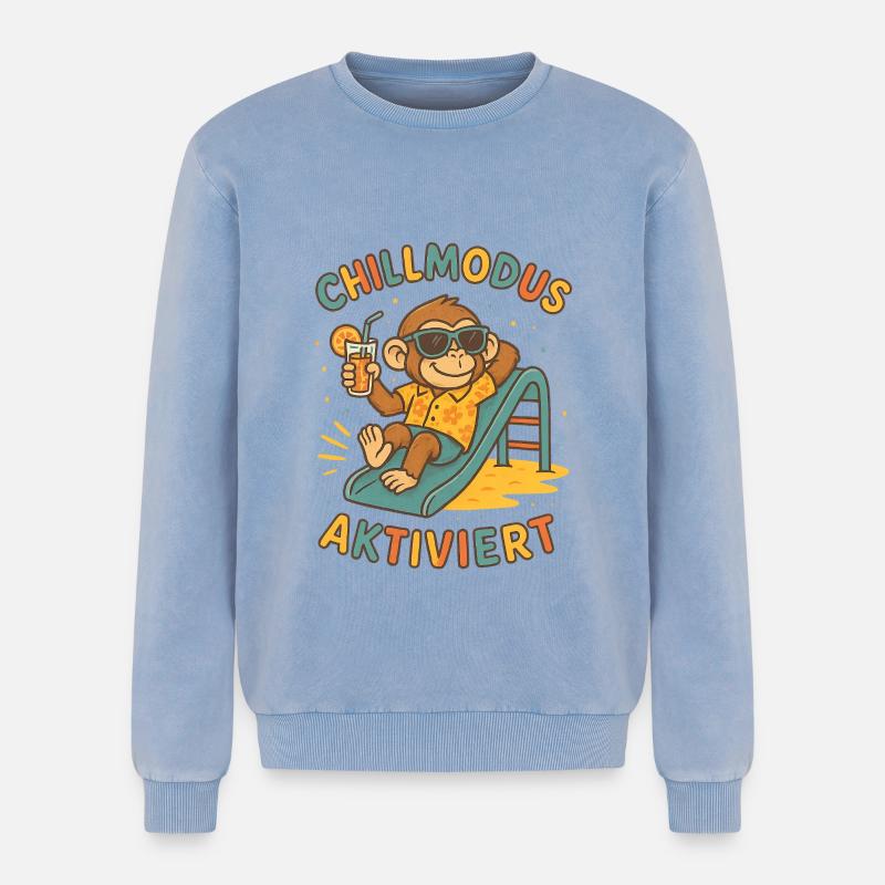 Chill Mode Enabled Monkey - Relaxed Unisex Premium Acid Washed Sweatshirt - acid washed blue