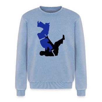 judo - Relaxed Unisex Premium Acid Washed Sweatshirt - acid washed blue - Front - AI Model Female 172 dark (172cm) & AI Model Male 178 light (178cm)