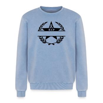 Couronne de laurier étoile et arc RIP - Sweatshirt unisexe Premium acid-wash en coton - bleu délavé acide - Devant - AI Model Female 172 dark (172cm) & AI Model Male 178 light (178cm)