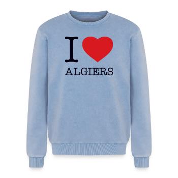 J’ADORE ALGER - Sweatshirt unisexe Premium acid-wash en coton - bleu délavé acide - Devant - AI Model Female 172 dark (172cm) & AI Model Male 178 light (178cm)