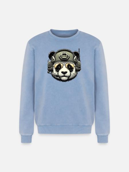 Panda Military Army Design - Relaxed Unisex Premium Acid Washed Sweatshirt - acid washed blue