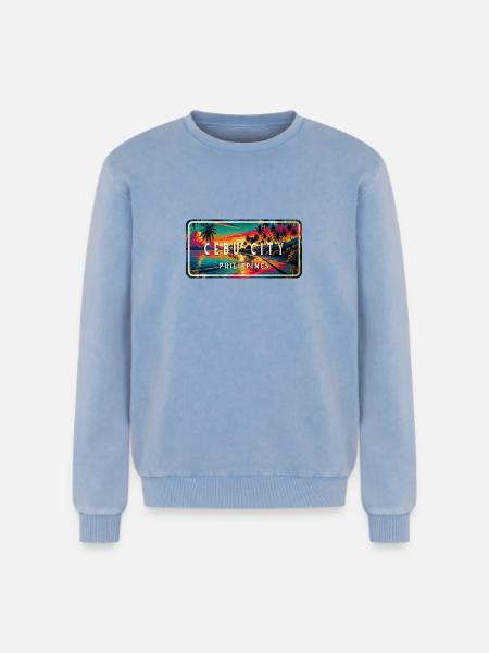 Cebu City – Tropical Retro Sign - Relaxed Unisex Premium Acid Washed Sweatshirt - acid washed blue