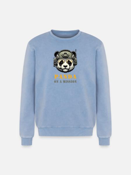 Panda in Mission / Military - Relaxed Unisex Premium Acid Washed Sweatshirt - acid washed blue