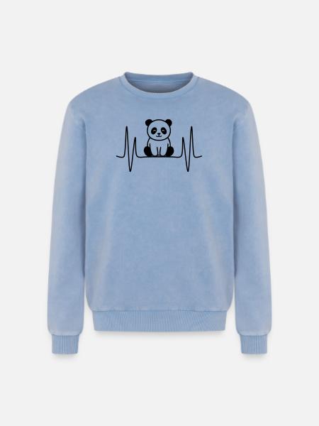 Panda Heartbeat Line Motif - Relaxed Unisex Premium Acid Washed Sweatshirt - acid washed blue