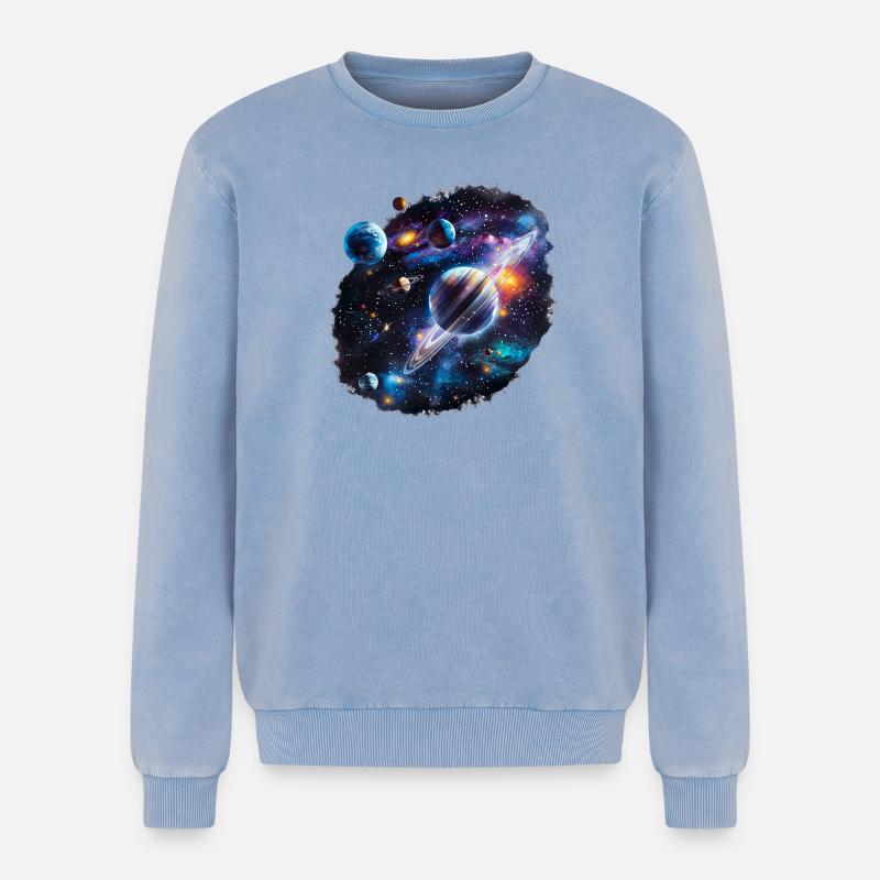 Galactic Planetary System Pattern - Relaxed Unisex Premium Acid Washed Sweatshirt - acid washed blue
