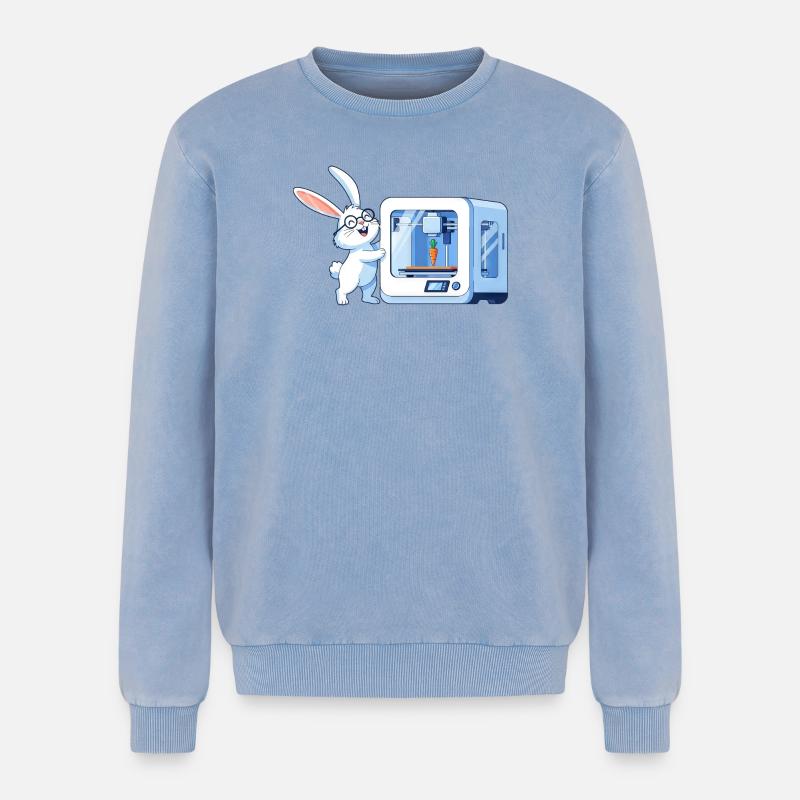 Funny Rabbit Nerd Programmer 3D Printer - Relaxed Unisex Premium Acid Washed Sweatshirt - acid washed blue