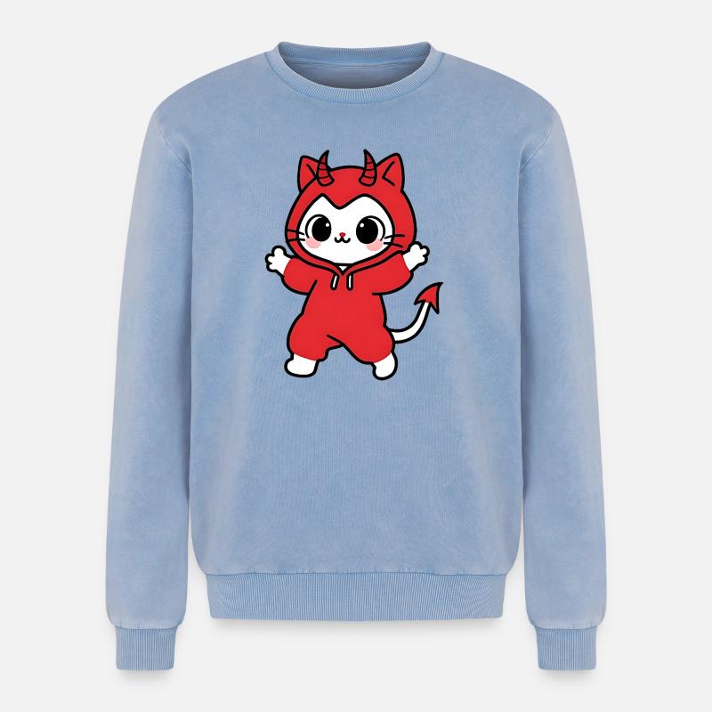 Cat Devil Kapuzenpullover Rot - Relaxed Unisex Premium Acid-Washed Sweatshirt - Blau Acid Wash