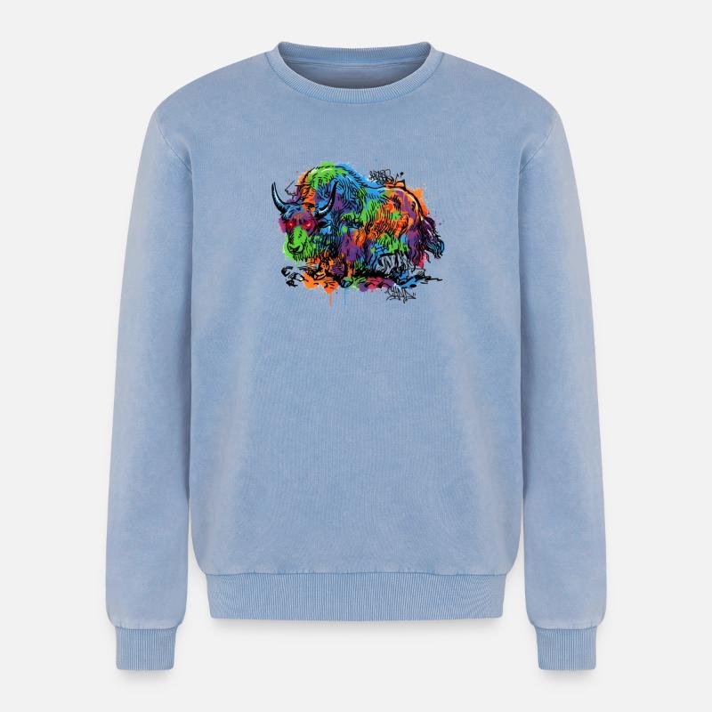Rainbow Yak Graffiti Pattern - Relaxed Unisex Premium Acid Washed Sweatshirt - acid washed blue