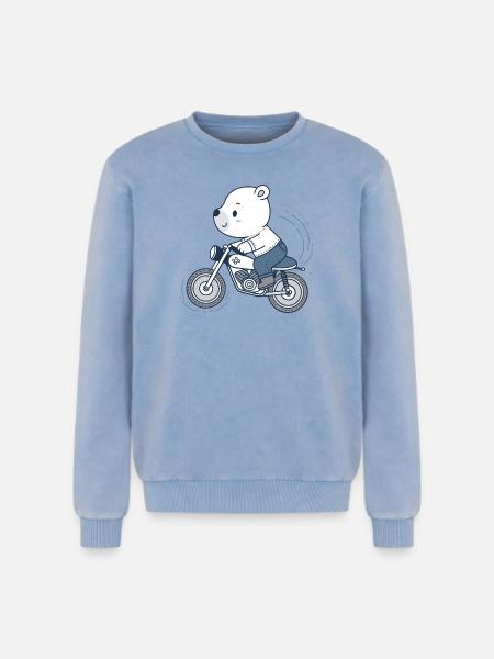 Biker Adventure Bear - Relaxed Unisex Premium Acid Washed Sweatshirt - acid washed blue