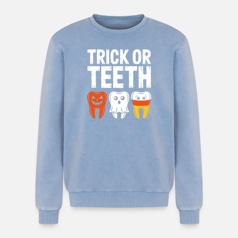 Trick oder Teeth Halloween-Trio - Relaxed Unisex Premium Acid-Washed Sweatshirt - Blau Acid Wash