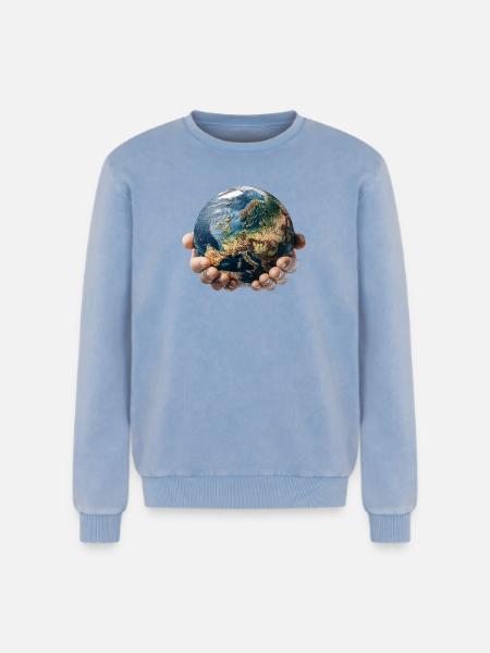 Earth in Hands: Global Responsibility - Relaxed Unisex Premium Acid Washed Sweatshirt - acid washed blue