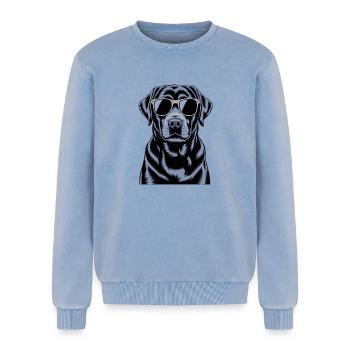 Schwarzer Labrador  - Relaxed Unisex Premium Acid-Washed Sweatshirt - Blau Acid Wash - Vorne - AI Model Female 172 dark (172cm) & AI Model Male 178 light (178cm)