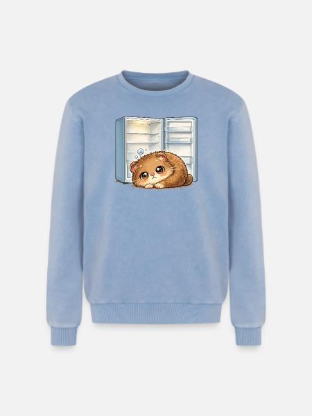Petit chat devant un réfrigérateur ouvert - Sweatshirt unisexe Premium acid-wash en coton - bleu délavé acide