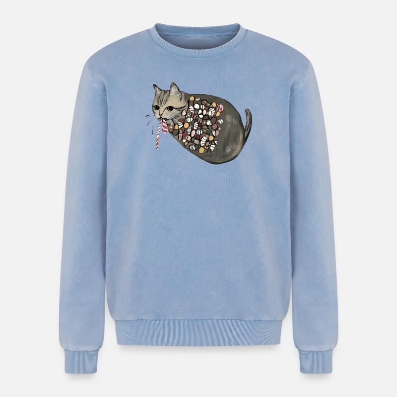Candy Pattern Candy Cat - Relaxed Unisex Premium Acid Washed Sweatshirt - acid washed blue