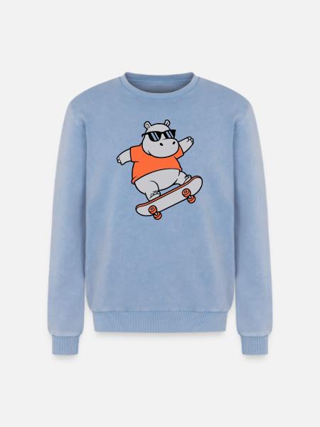 Cool Hippopotamus Skater Skateboard Vector - Relaxed Unisex Premium Acid Washed Sweatshirt - acid washed blue