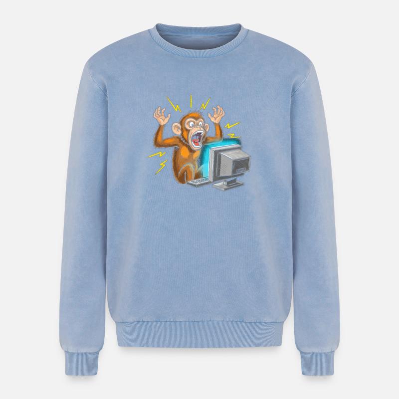 Monkey Computer Outbreak - Relaxed Unisex Premium Acid Washed Sweatshirt - acid washed blue