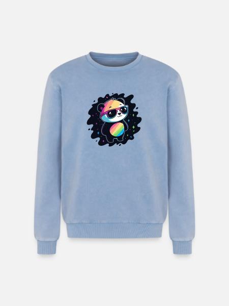 Panda Rainbow Galaxy Cool Glasses - Relaxed Unisex Premium Acid Washed Sweatshirt - acid washed blue