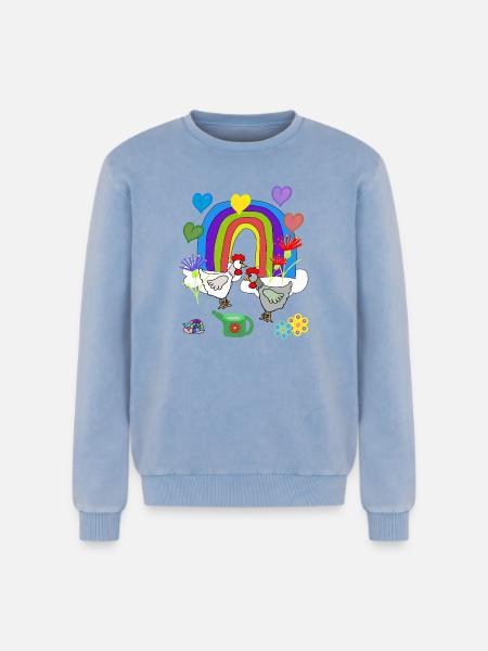 Children's Fantasy Rainbow Flowers Chickens - Relaxed Unisex Premium Acid Washed Sweatshirt - acid washed blue
