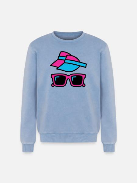 80s Sun Visor Glasses Set - Relaxed Unisex Premium Acid Washed Sweatshirt - acid washed blue
