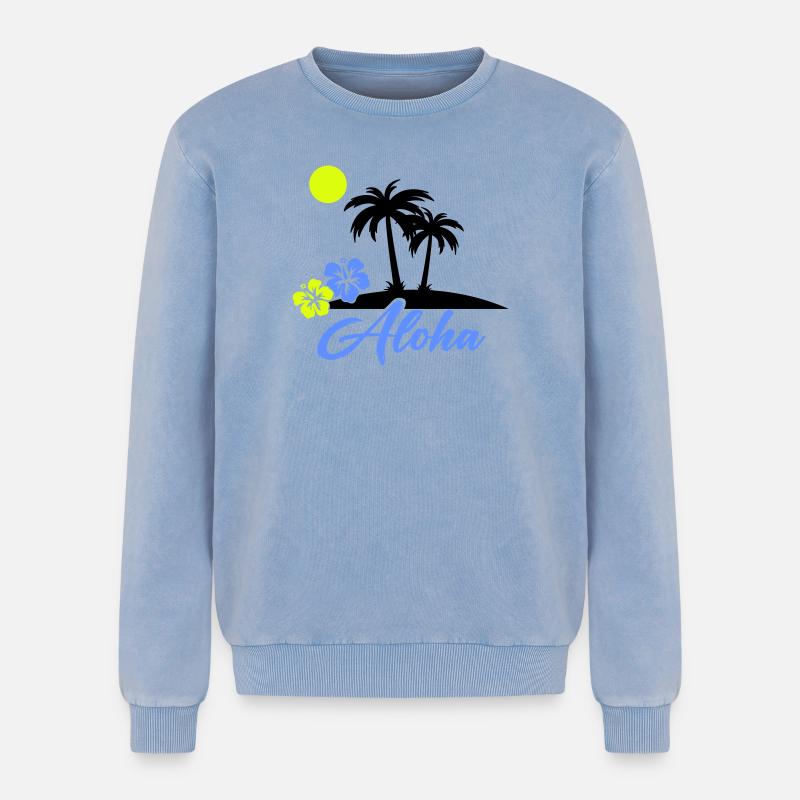 Aloha Hibiskus Neon Script - Relaxed Unisex Premium Acid-Washed Sweatshirt - Blau Acid Wash