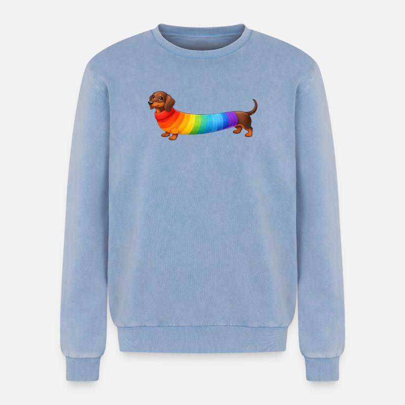 Dackel mit Regenbogen Pullover - Relaxed Unisex Premium Acid-Washed Sweatshirt - Blau Acid Wash