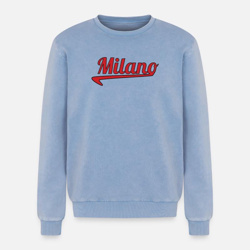 Milano Script Emblem Swoosh - Relaxed Unisex Premium Acid Washed Sweatshirt - acid washed blue
