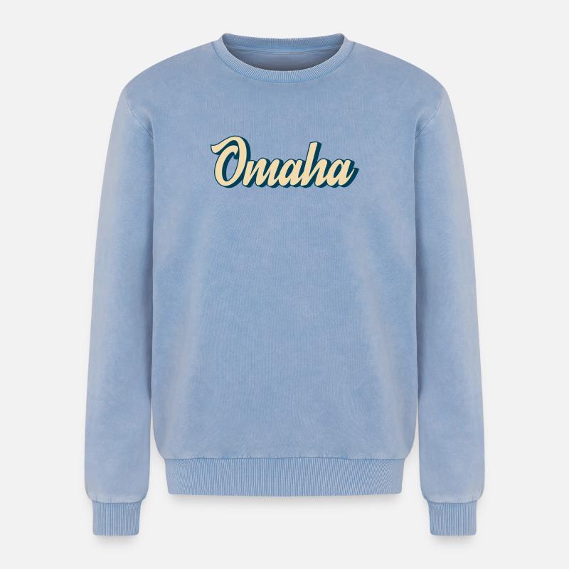 Omaha Script Retro - Relaxed Unisex Premium Acid Washed Sweatshirt - acid washed blue