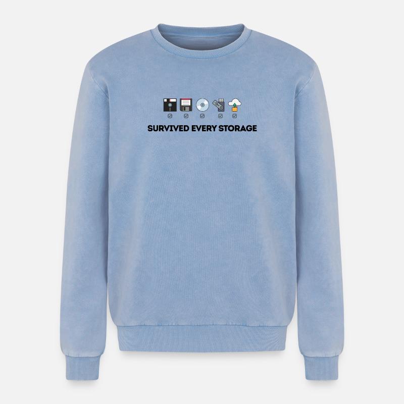 Data Storage Evolution - Tech Icons - Relaxed Unisex Premium Acid Washed Sweatshirt - acid washed blue