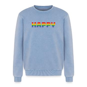 Pride Rainbow Tshirt Happy | LGBT lgbtqi queer - Relaxed Unisex Premium Acid Washed Sweatshirt - acid washed blue - Front - AI Model Female 172 dark (172cm) & AI Model Male 178 light (178cm)