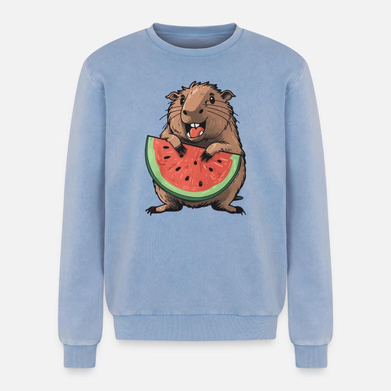Capybara mangeant de la pastèque - Sweatshirt unisexe Premium acid-wash en coton - bleu délavé acide