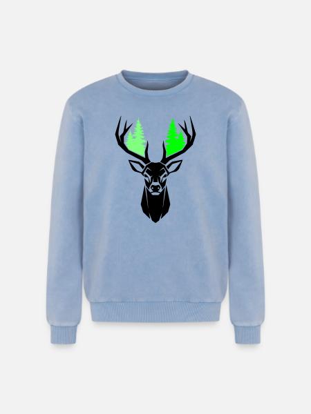 Deer Head Fir Trees Natural Green - Relaxed Unisex Premium Acid Washed Sweatshirt - acid washed blue