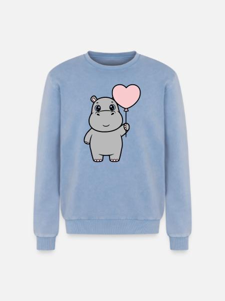 Süßes Nilpferd Herz Ballon Liebe - Relaxed Unisex Premium Acid-Washed Sweatshirt - Blau Acid Wash
