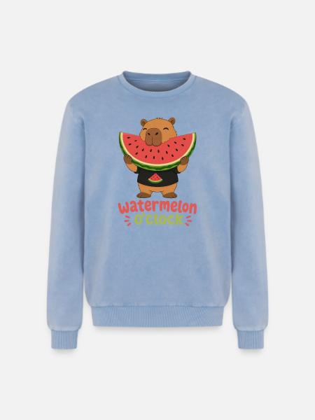 Watermelon O'Clock Cabybara - Relaxed Unisex Premium Acid Washed Sweatshirt - acid washed blue