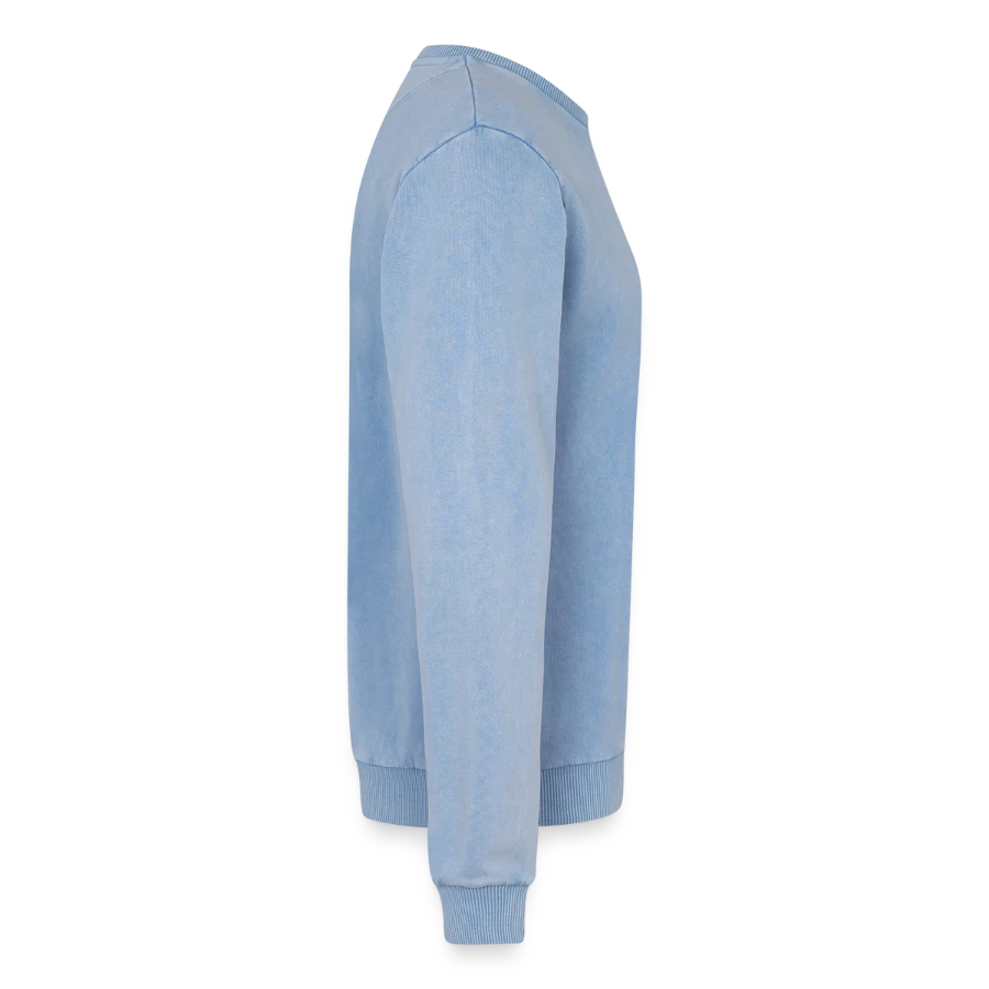 Interlaken badge on a relaxed unisex premium acid washed sweatshirt, acid washed blue, right
