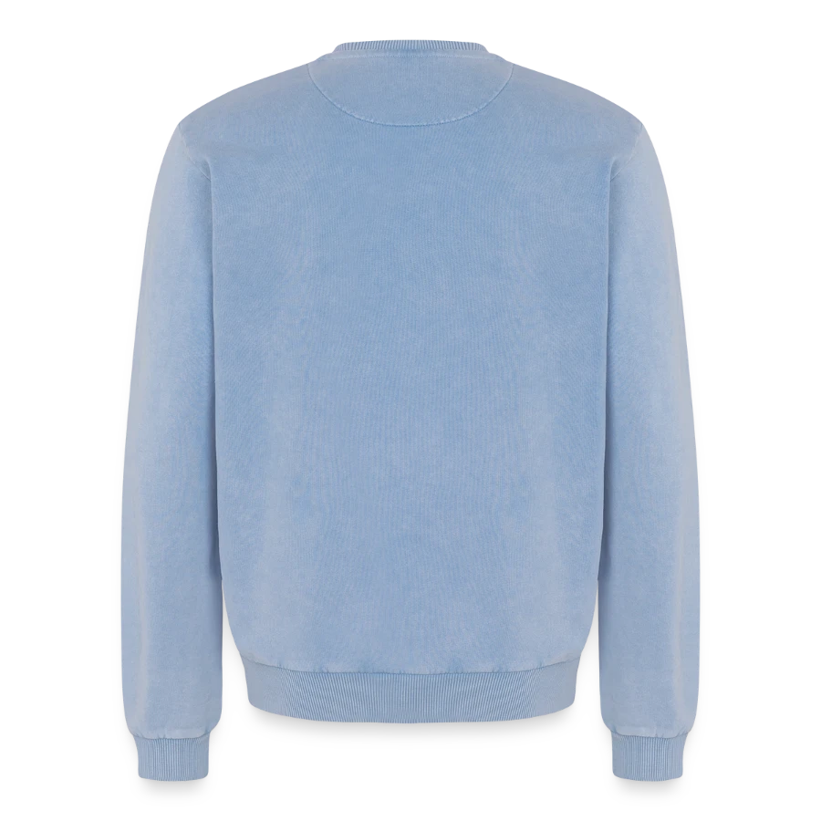 Agrigento badge on a relaxed unisex premium acid washed sweatshirt, acid washed blue, back