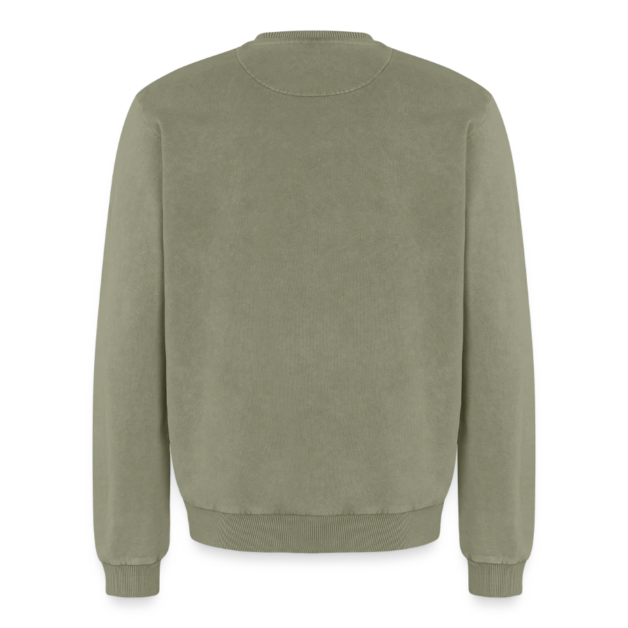 Agrigento badge on a relaxed unisex premium acid washed sweatshirt, acid washed green, back