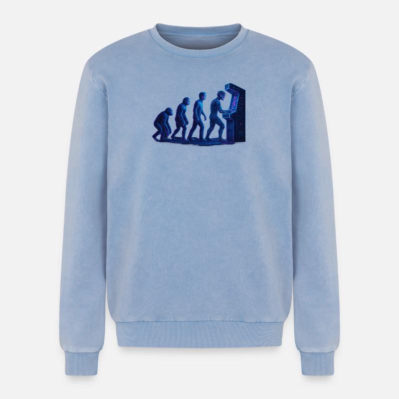 Arcade Menschliche Evolution - Relaxed Unisex Premium Acid-Washed Sweatshirt - Blau Acid Wash